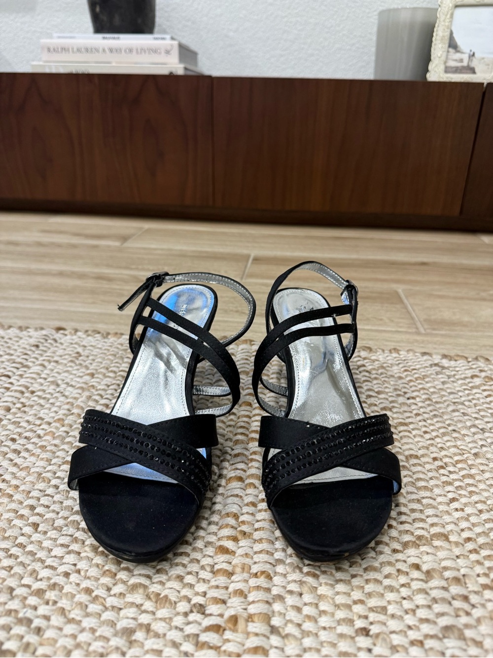 Y2K Metaphor Black Rhinestone Strappy Sandals Kitten Heel 6.5 ✨